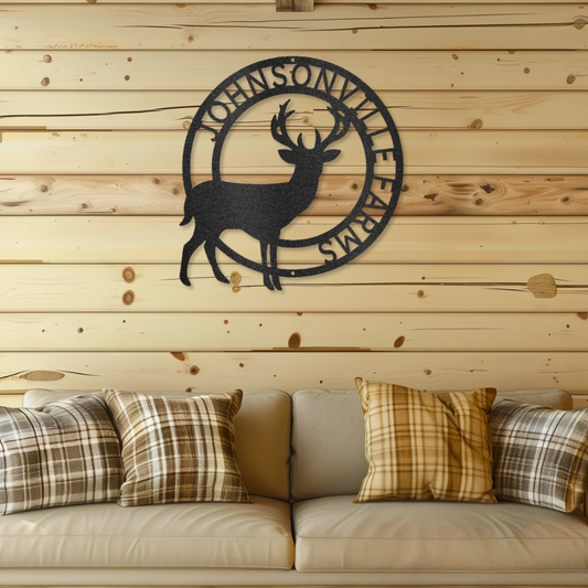 Customizable laser-cut steel sign with stag monogram on wooden wall above sofa.