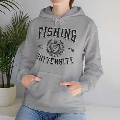 A green **Fishing University - Cotton/Poly Blend Hoodie - 7 Colors** with "Fishing University" printed in white letters on the front. The design includes "ESTD 1970" and a crest with a fish image. A red banner in the top left corner says "PERSONALIZE YEAR." This personalized hoodie features a front pocket and drawstrings.