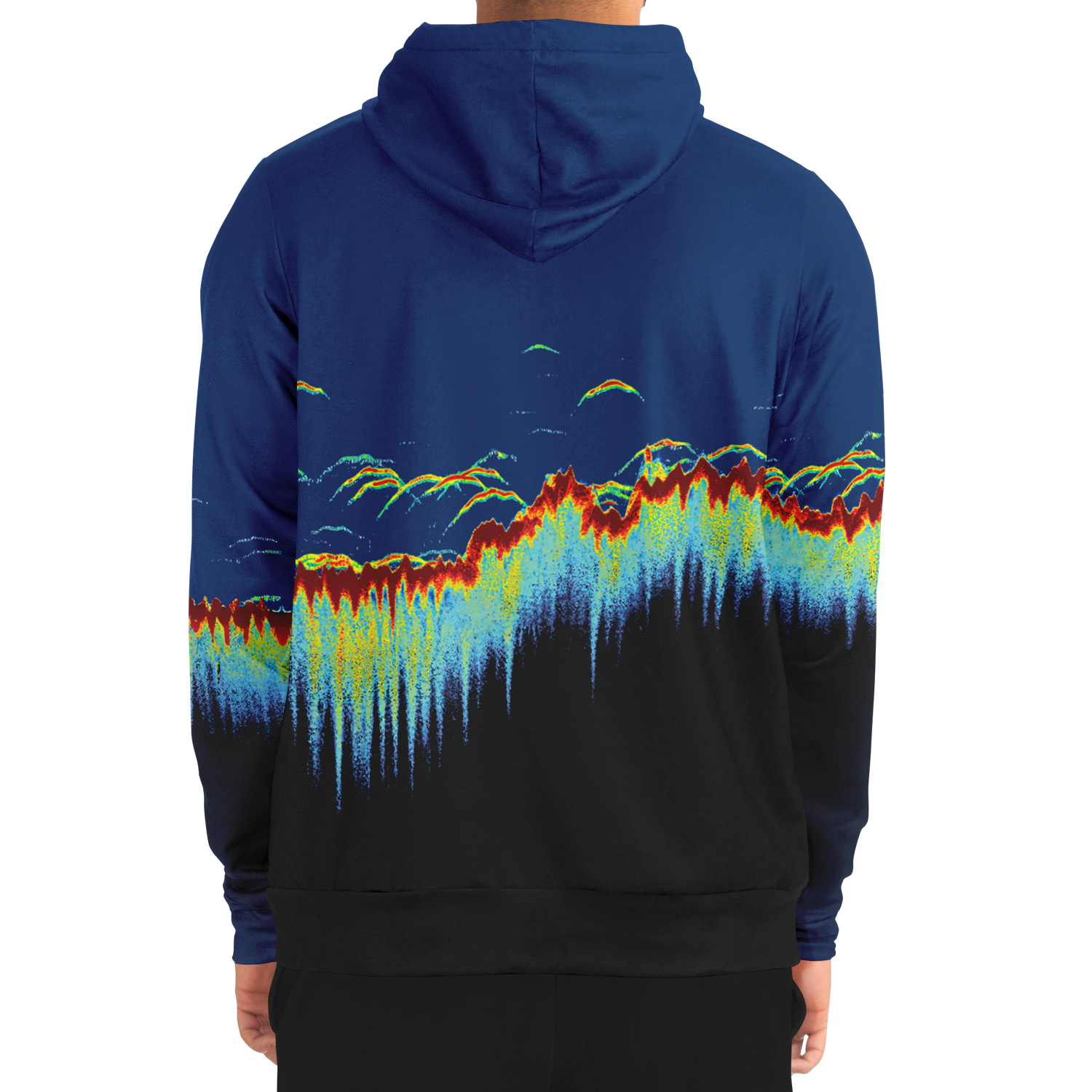 The Sonar Scan Zip-Up Hoodie - Tri-Blend is a unisex hoodie with a vibrant design on the back. The pattern showcases colorful, wave-like shapes in red, yellow, green, and blue set against a gradient background that transitions from dark blue at the top to black at the bottom. The hood features a solid dark blue color.