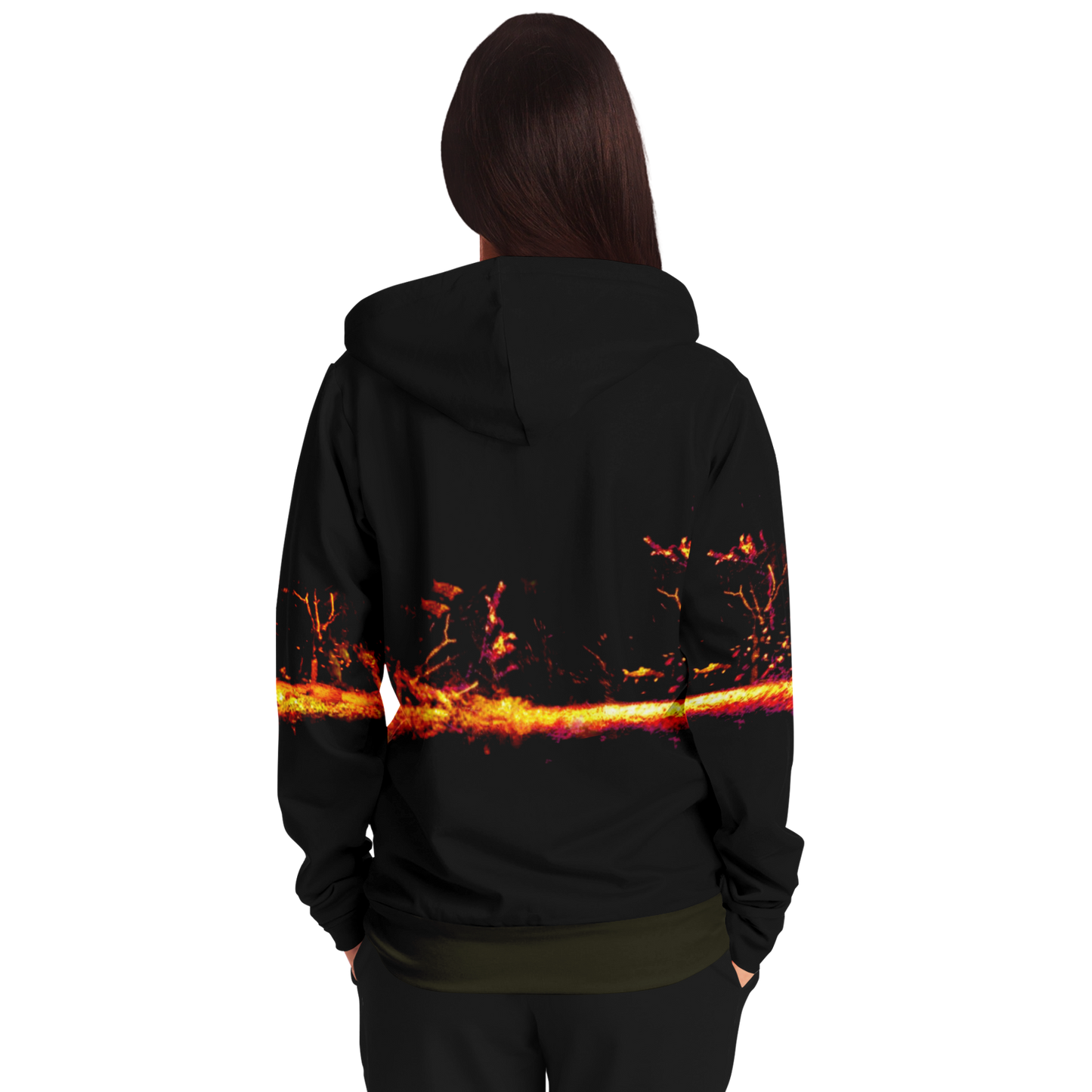 From the back, a long-haired person is seen wearing the Sonar Live Zip-Up Hoodie, which showcases a striking fiery abstract design across its back. The plain white background highlights the hoodie.