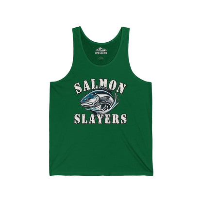 A dark green unisex jersey tank top featuring the text "Salmon Slayers" in bold, distressed white letters. Below the text is a high quality print illustration of a salmon, predominantly blue and gray, with fishing hooks. Made from Airlume combed cotton, the brand name "Up & Clown" is visible on the inner label. This product is known as Salmon Slayers - Fierce Flash - Unisex Tank Top.