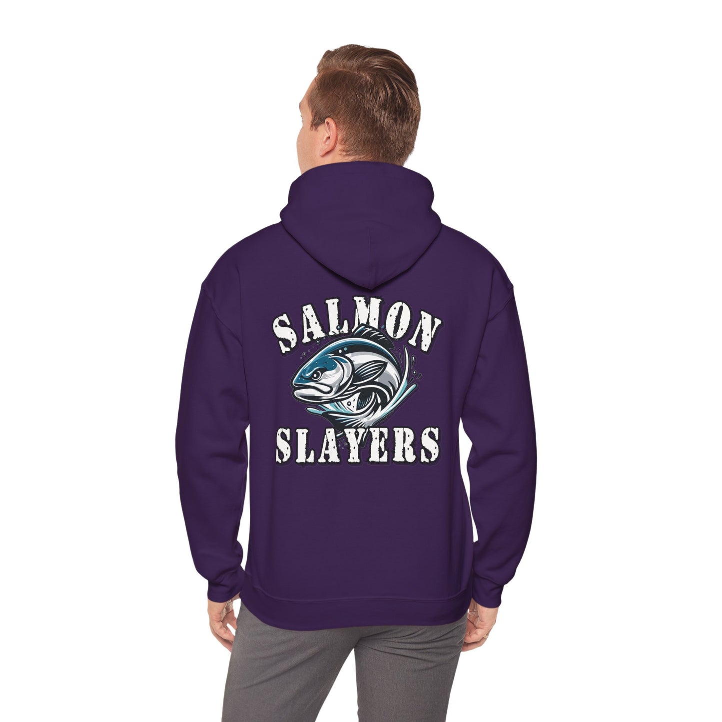 A Salmon Slayers - Fierce Flash - Cotton/Poly Blend Hoodie featuring a graphic of a salmon in mid-swim, with water splashes around it, and the text "Salmon Slayers" printed above and below the fish in bold, white letters with a distressed texture. Crafted from ethically grown US cotton for ultimate comfort.