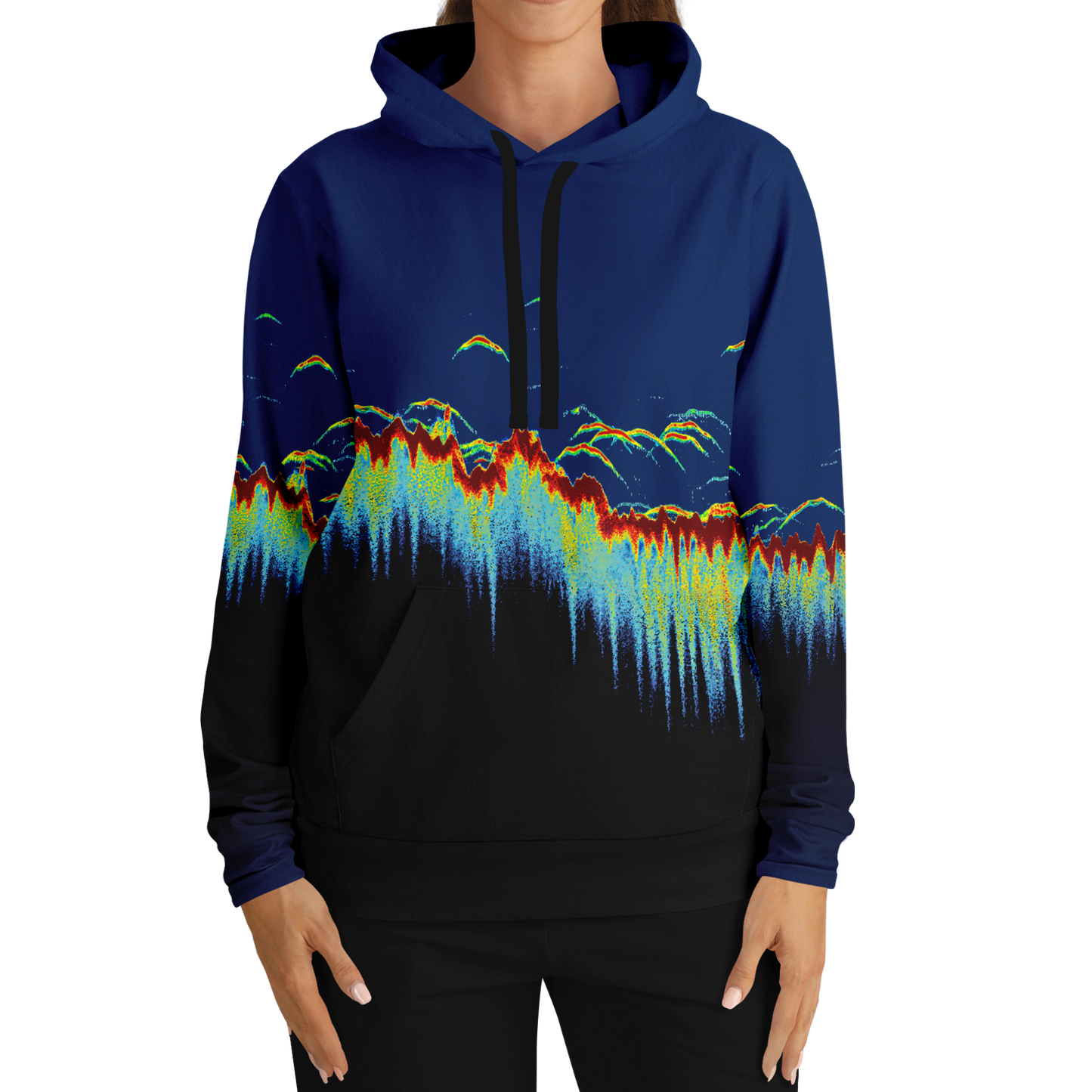 Introducing the Sonar Scan Pull Over Hoodie - Tri-Blend: a dynamic addition to your fishing wardrobe. This hoodie features an abstract design with vibrant colors resembling underwater fish movements or a digital soundwave. The top fades from dark blue to black, with bright green, yellow, red, and light blue accents cascading down.