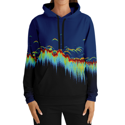 Introducing the Sonar Scan Pull Over Hoodie - Tri-Blend: a dynamic addition to your fishing wardrobe. This hoodie features an abstract design with vibrant colors resembling underwater fish movements or a digital soundwave. The top fades from dark blue to black, with bright green, yellow, red, and light blue accents cascading down.