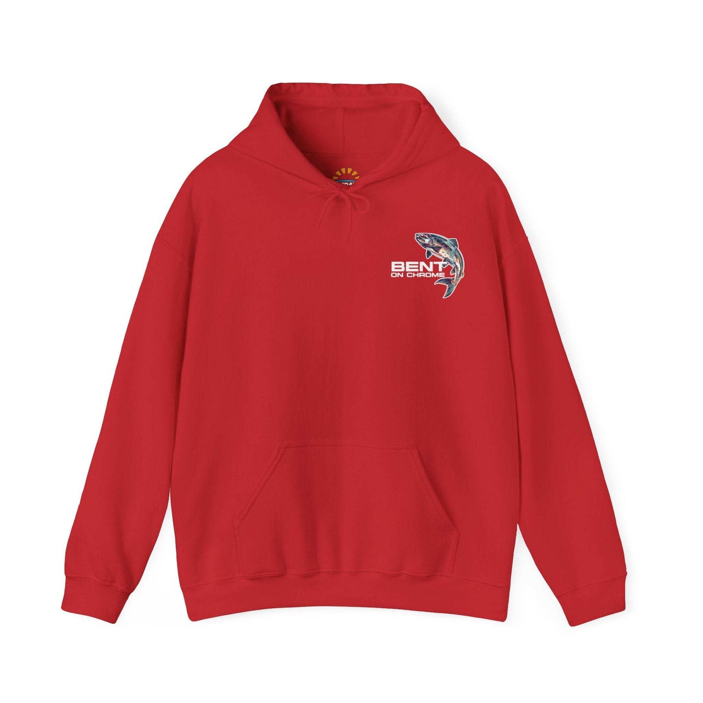 A Bent On Chrome - Silver Salmon - Cotton/Poly Blend Hoodie featuring a colorful graphic of a fish, with the text "Bent On Chrome" underneath, displayed on a white background.