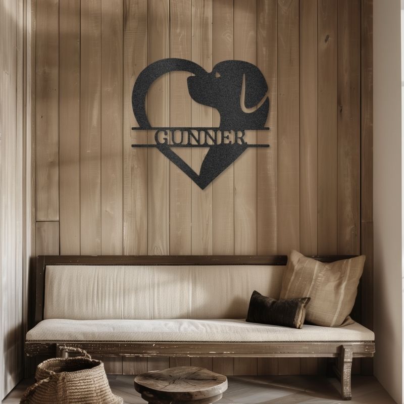 Customizable laser-cut steel sign featuring heart-shaped dog silhouette; Dog Love Monogram.