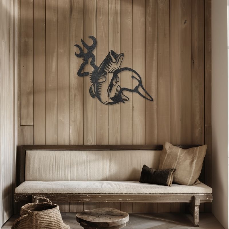 Laser-cut steel sign featuring wildlife trio of deer, fish, and duck on wooden wall.