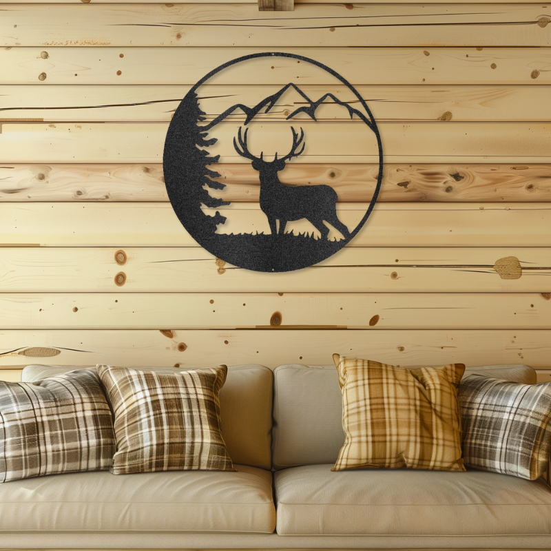 Graceful deer laser-cut steel sign on wooden wall above plaid sofa.