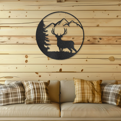 Graceful deer laser-cut steel sign on wooden wall above plaid sofa.