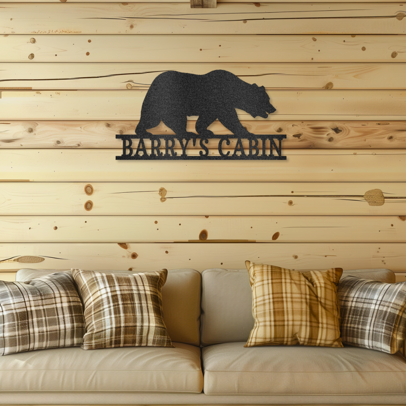 Bear Monogram Laser-Cut Steel Sign on Wooden Wall