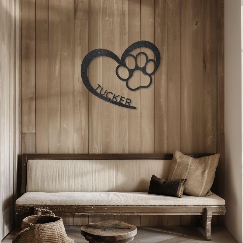 Customizable steel sign with heart and paw design, celebrating puppy love.