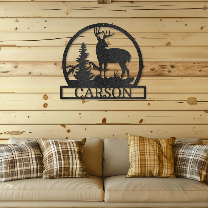 Customizable laser-cut steel sign with a buck, tree, and mountain silhouette.