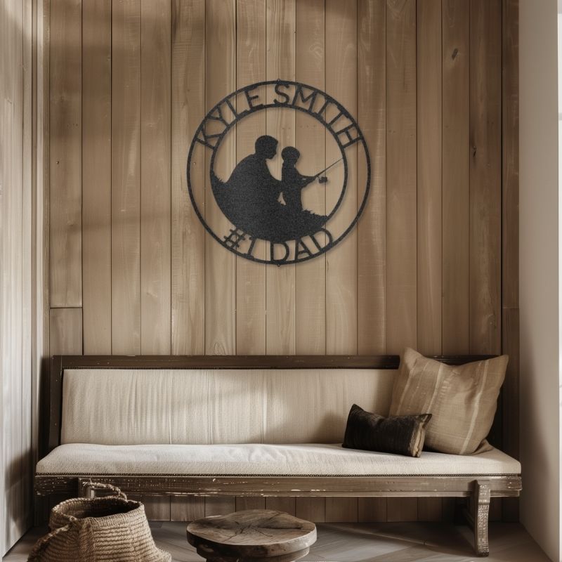 Customizable Father and Son Fishing Laser-Cut Steel Sign on Wall