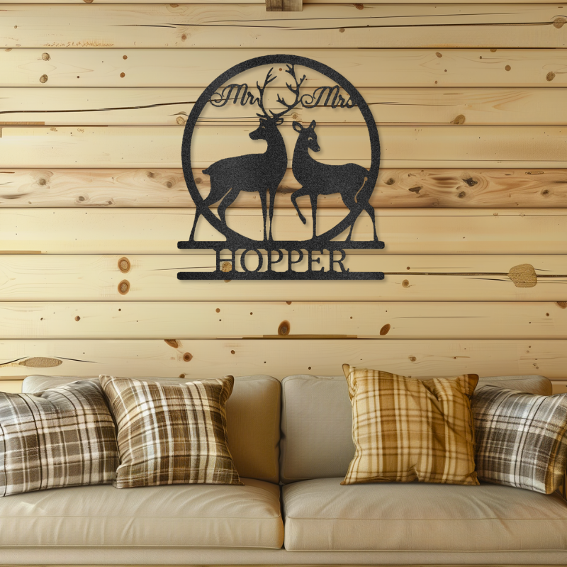 Customizable Laser-Cut Steel Sign Featuring Deer Monogram on Wall