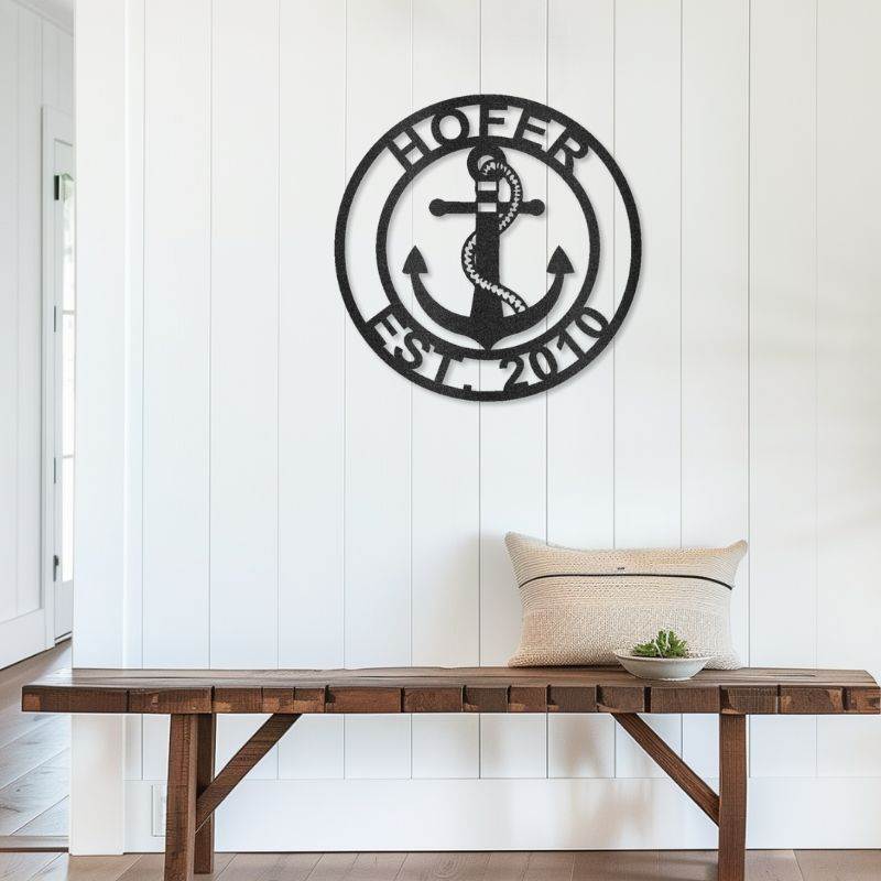 Customizable laser-cut steel anchor family name sign, symbolizing unity and love, perfect for maritime-themed decor.