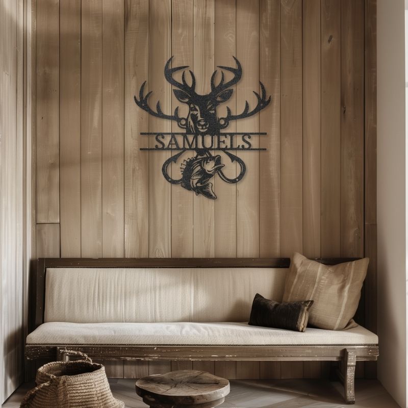 Customizable laser-cut steel sign with deer and bass silhouette, Outdoorsman Monogram.