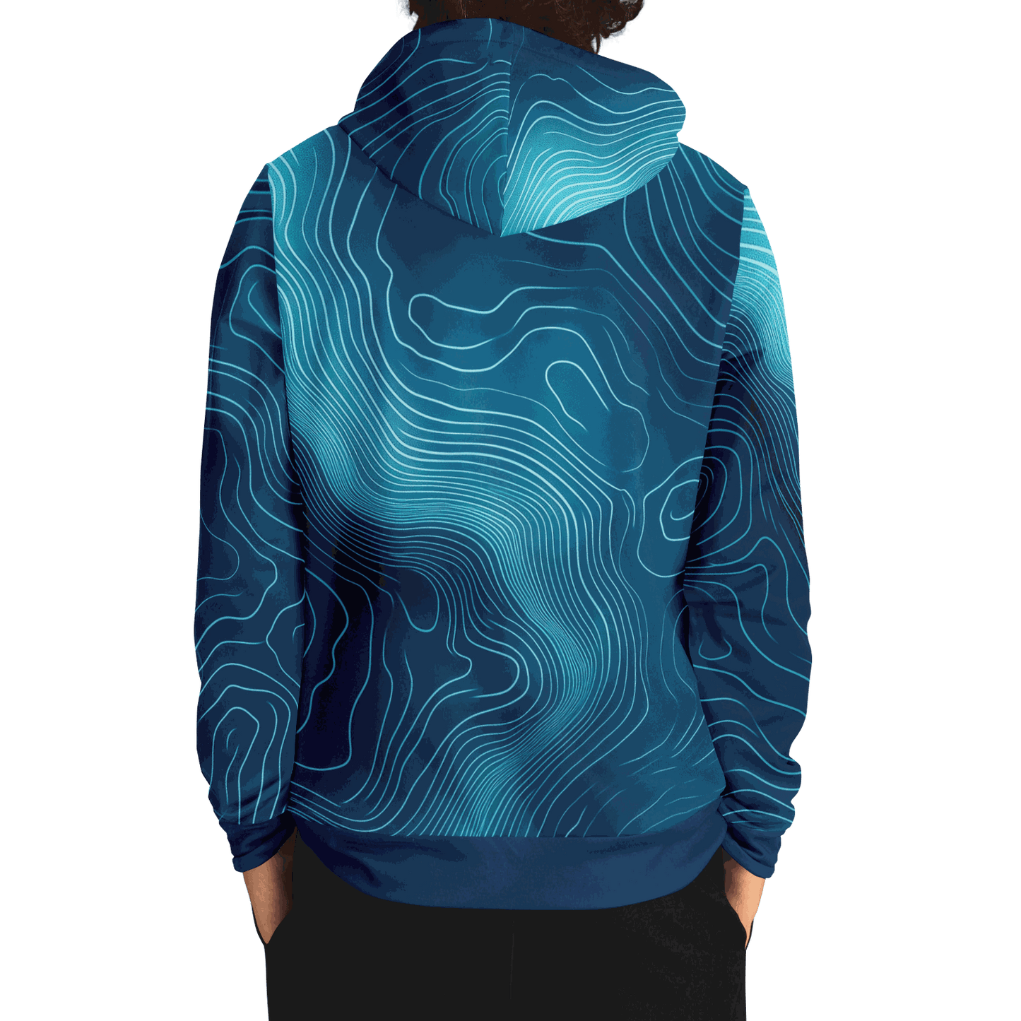 Deep blue depth map hoodie with undersea contour patterns and double-layer hood.