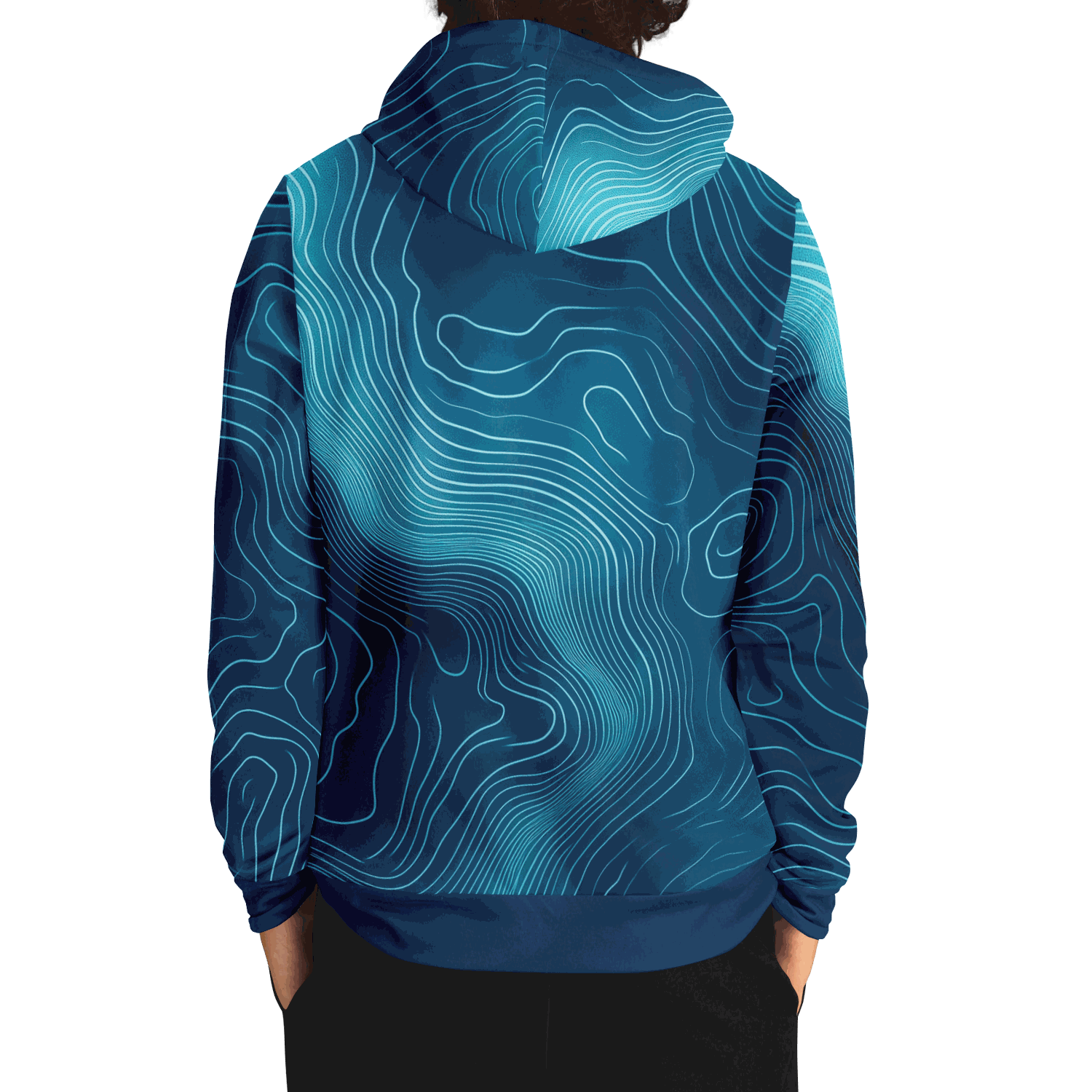 Deep blue depth map hoodie with undersea contour patterns and double-layer hood.