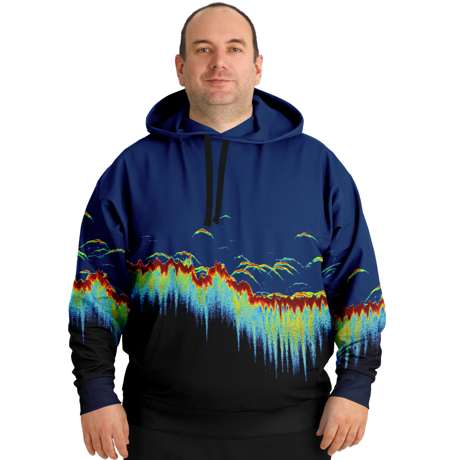 Plus-size Sonar Scan Hoodie with vibrant sonar screen pattern and front pocket.