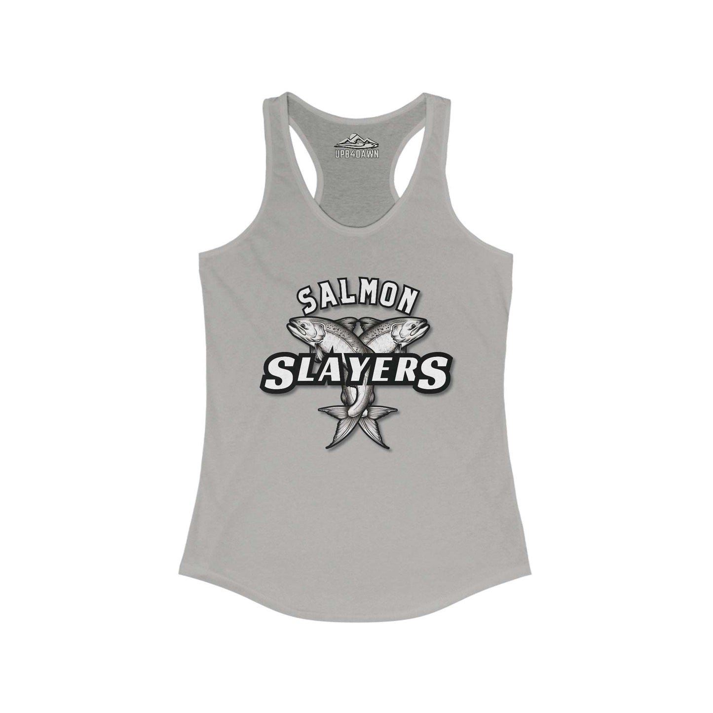 A light green Salmon Slayers - Twin Salmon - Women's Racerback Tank Top featuring a high-quality print of two illustrated salmons crossed in the center. Above the fish, the text reads "SALMON" and below it, "SLAYERS" in bold, white-edged letters. The slim fit tank top has a casual and sporty design suitable for everyday wear.