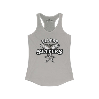 A light green Salmon Slayers - Twin Salmon - Women's Racerback Tank Top featuring a high-quality print of two illustrated salmons crossed in the center. Above the fish, the text reads "SALMON" and below it, "SLAYERS" in bold, white-edged letters. The slim fit tank top has a casual and sporty design suitable for everyday wear.