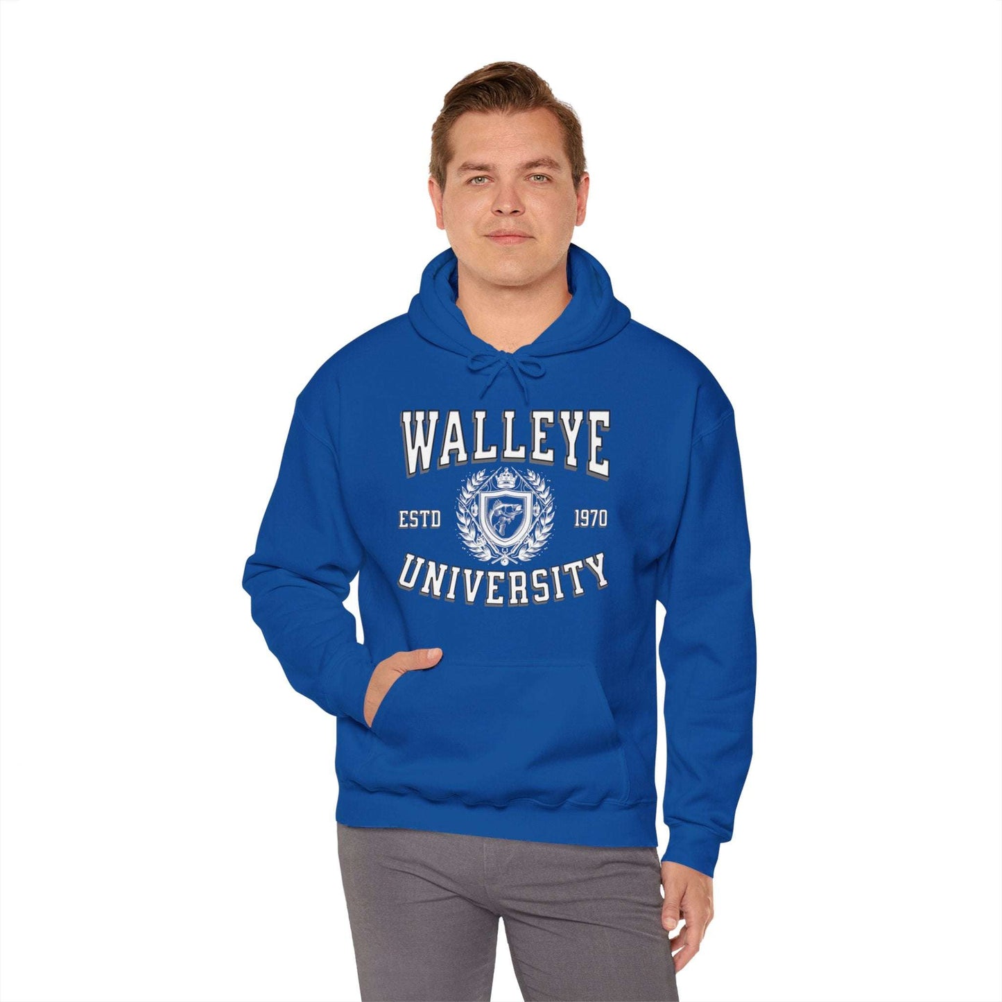 A gray Walleye University - Cotton/Poly Blend Hoodie - 7 Colors with the text "Walleye University" in large black letters and "ESTD 1970" underneath, accompanied by a Walleye University Crest. A red diagonal banner reads "Personalize Year." The hoodie has a front pocket and drawstrings, perfect for showing angler pride.