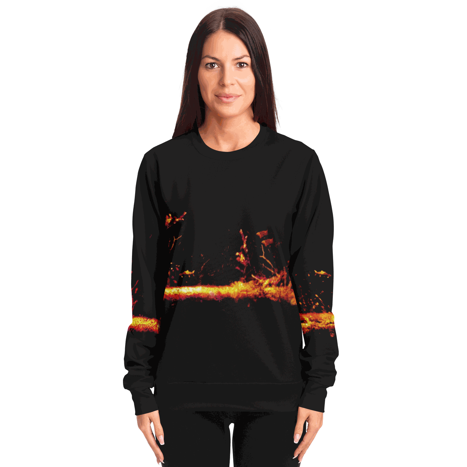 A person is wearing the Sonar Live Sweatshirt, which features a striking fire-themed design in vibrant orange and red across the front, set against a plain white background.