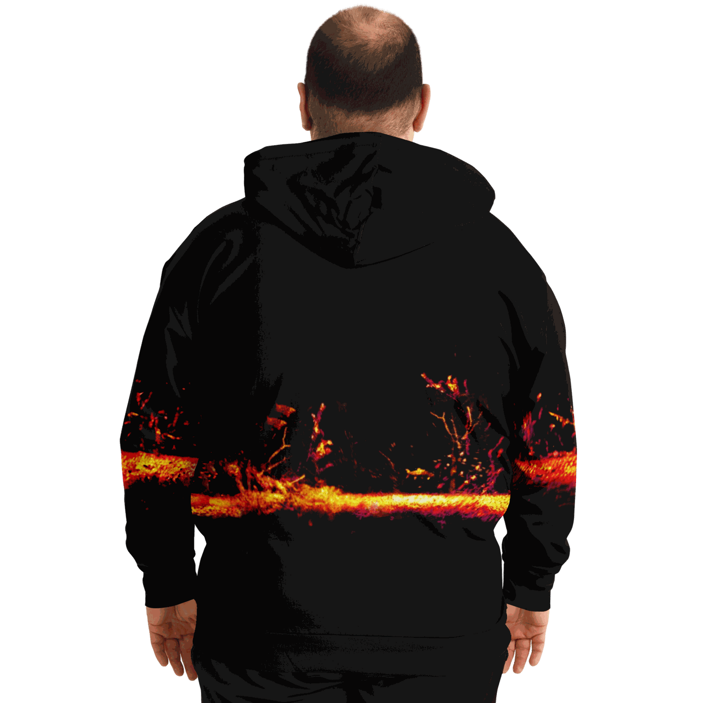 Plus-size hoodie with sonar screen pattern, black design, and vibrant orange and red accents.