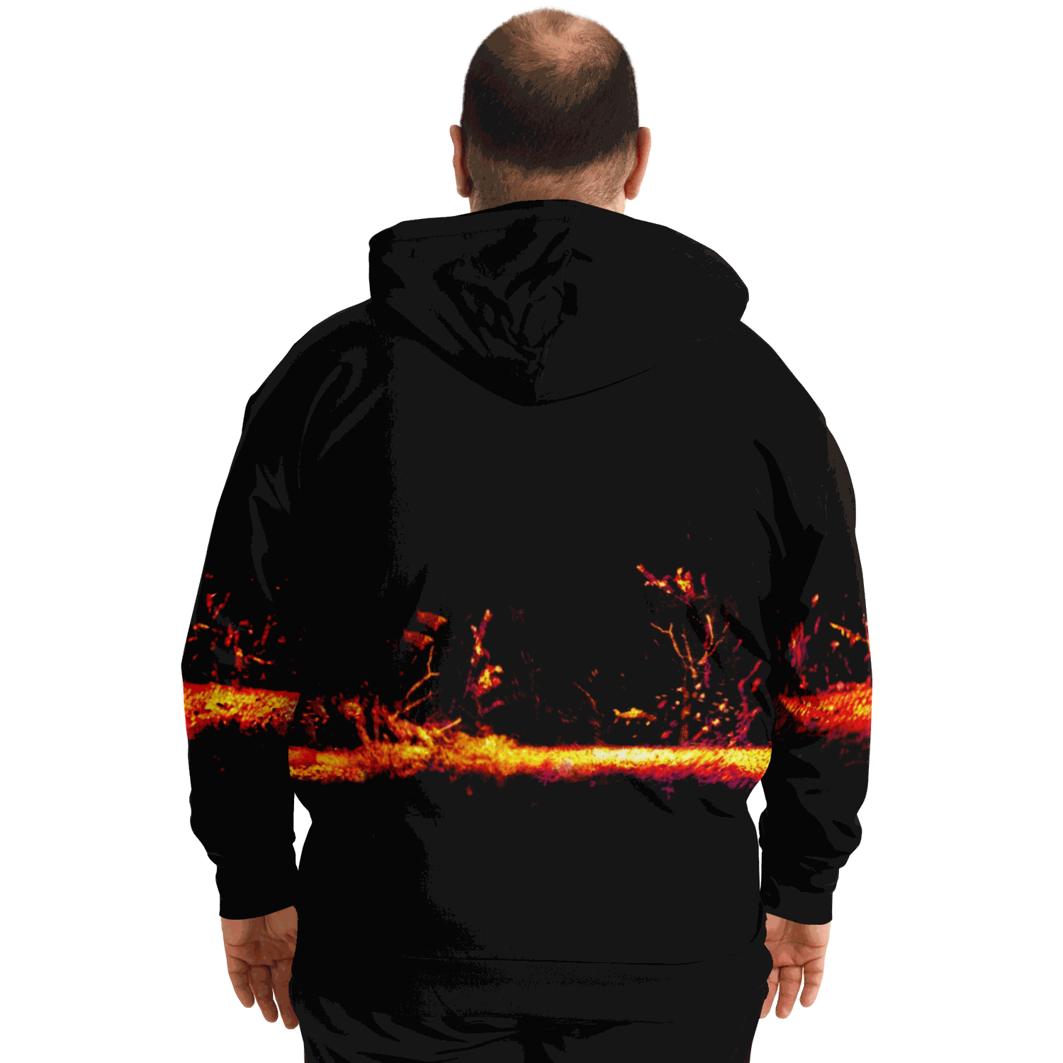 Plus-size hoodie with sonar screen pattern, black design, and vibrant orange and red accents.