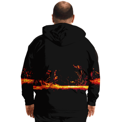 Plus-size hoodie with sonar screen pattern, black design, and vibrant orange and red accents.