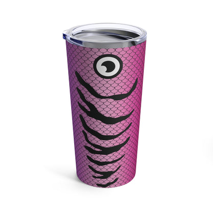 The Lure - Pink & Purple - Printed Tumbler - 20oz features a tall, pink design with a fish scale pattern and a single, large cartoonish eye near the top. This fishing lure tumbler offers double-wall insulation and comes with a clear plastic lid.