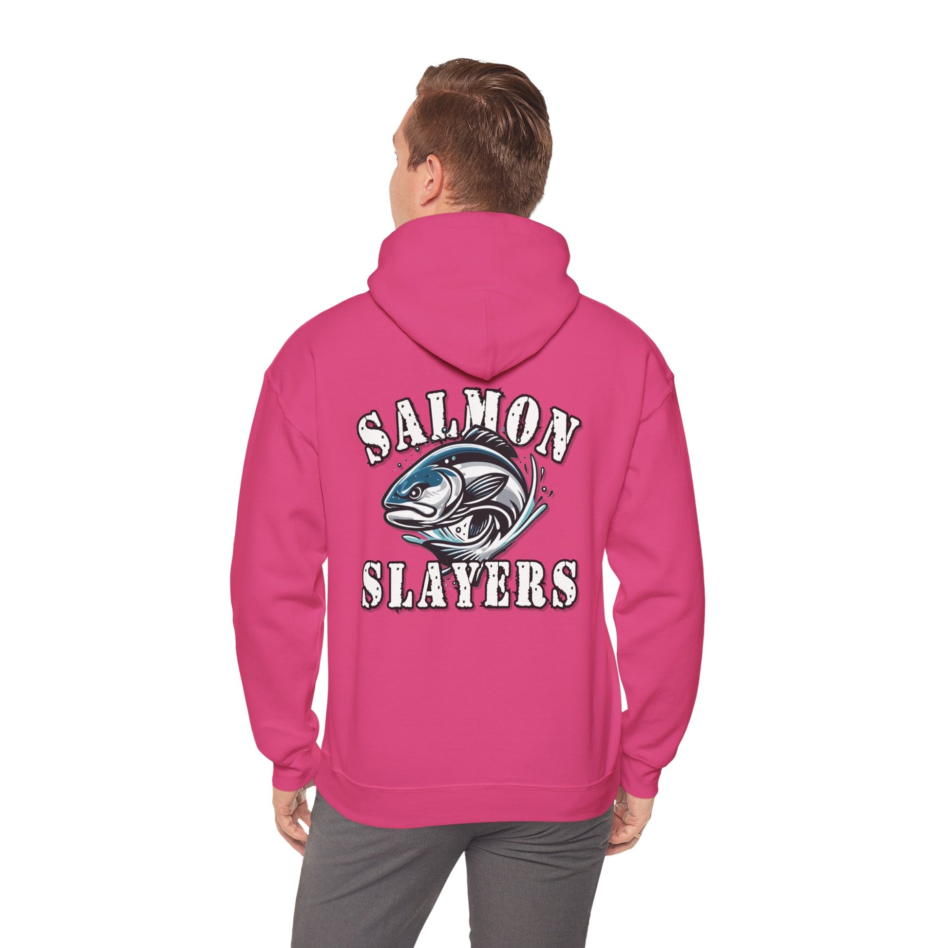 A Salmon Slayers - Fierce Flash - Cotton/Poly Blend Hoodie featuring a graphic of a salmon in mid-swim, with water splashes around it, and the text "Salmon Slayers" printed above and below the fish in bold, white letters with a distressed texture. Crafted from ethically grown US cotton for ultimate comfort.