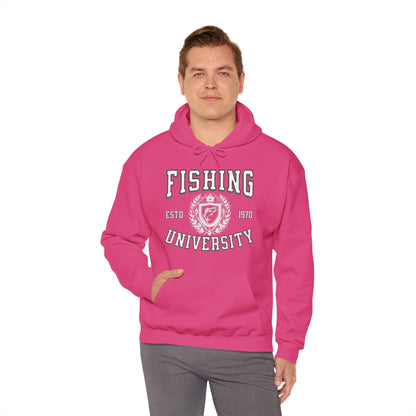 A green **Fishing University - Cotton/Poly Blend Hoodie - 7 Colors** with "Fishing University" printed in white letters on the front. The design includes "ESTD 1970" and a crest with a fish image. A red banner in the top left corner says "PERSONALIZE YEAR." This personalized hoodie features a front pocket and drawstrings.