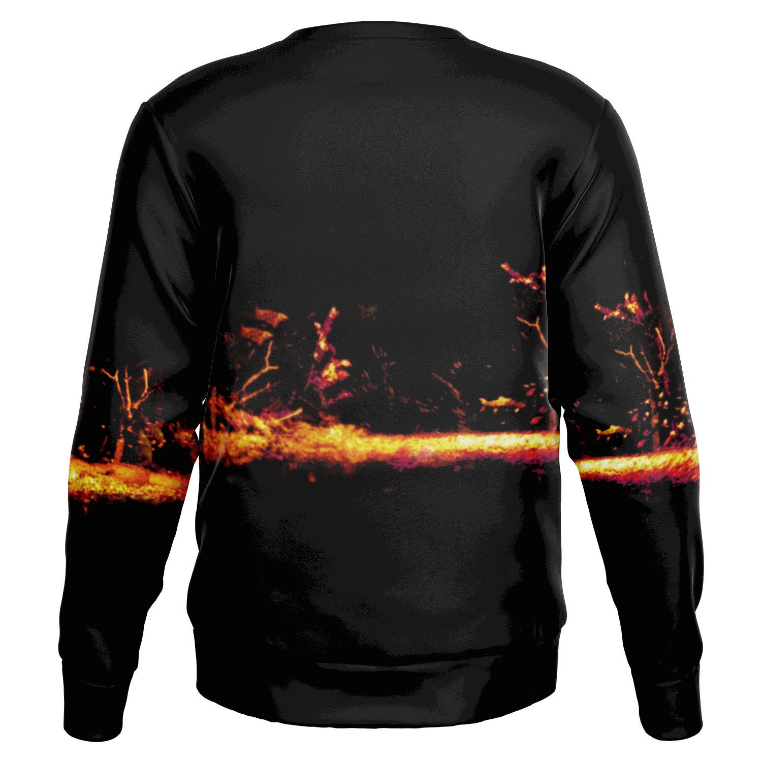 Introducing the Sonar Live Sweatshirt: a black pullover adorned with an abstract design showcasing fiery orange and pink hues in a horizontal band across the back, reminiscent of vibrant landscapes or flames. Ideal for adding flair to your fishing wardrobe with its distinctive style.