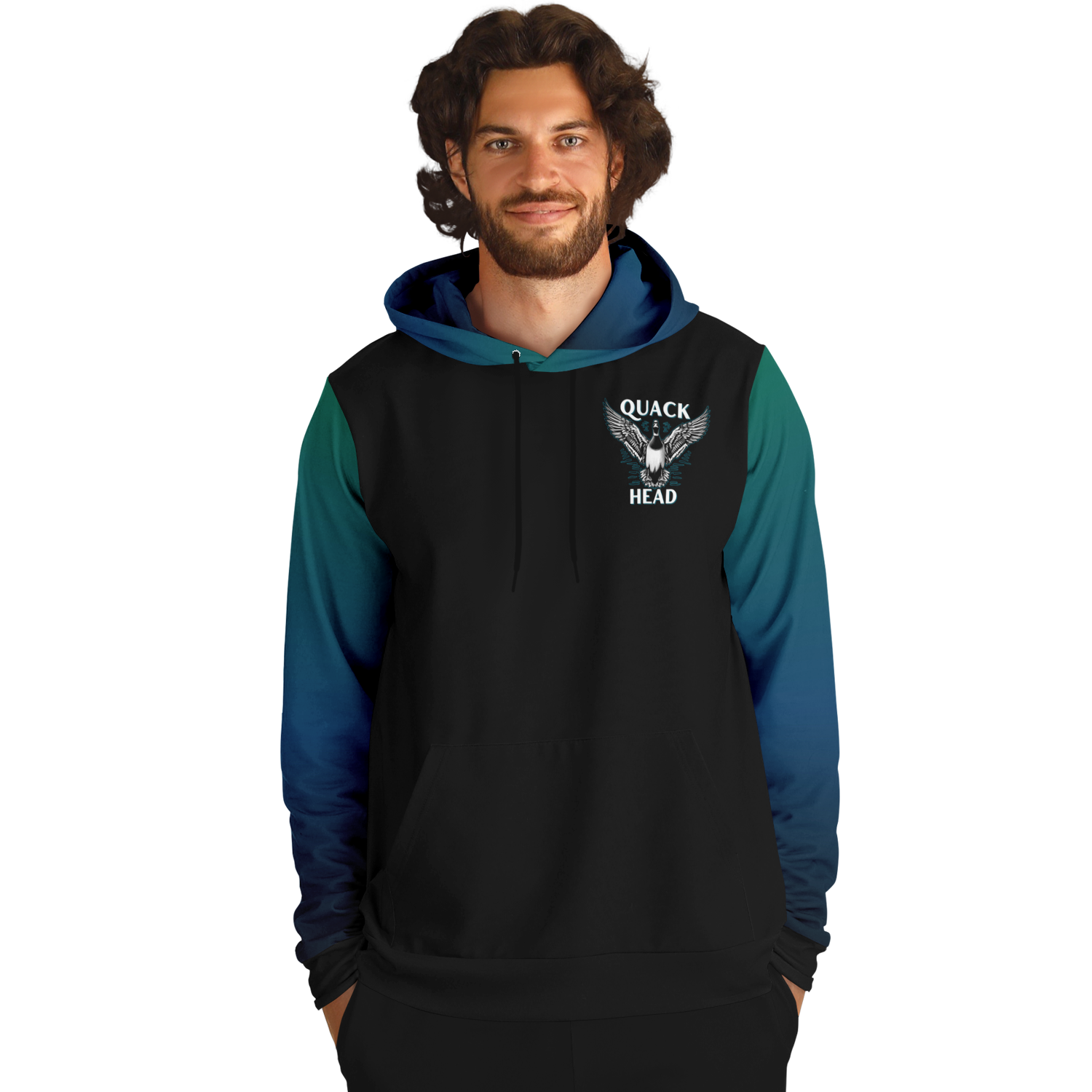 A Duck Hunting - Hunt -Tri-Blend Hoodie with a realistic eagle face on the back, above the word "hunt" printed with an American flag design inside the letters, set against a black background. The hoodie has a blue.