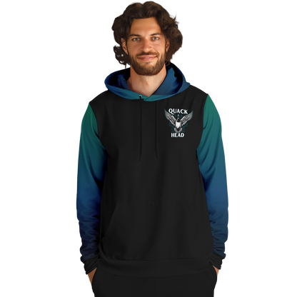 A Duck Hunting - Hunt -Tri-Blend Hoodie with a realistic eagle face on the back, above the word "hunt" printed with an American flag design inside the letters, set against a black background. The hoodie has a blue.