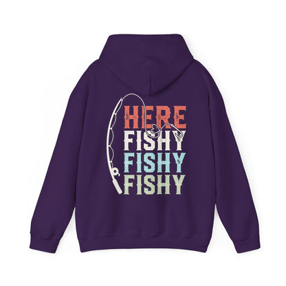 Here Fishy, Fishy, Fishy double-sided print hoodie in cotton/poly blend.