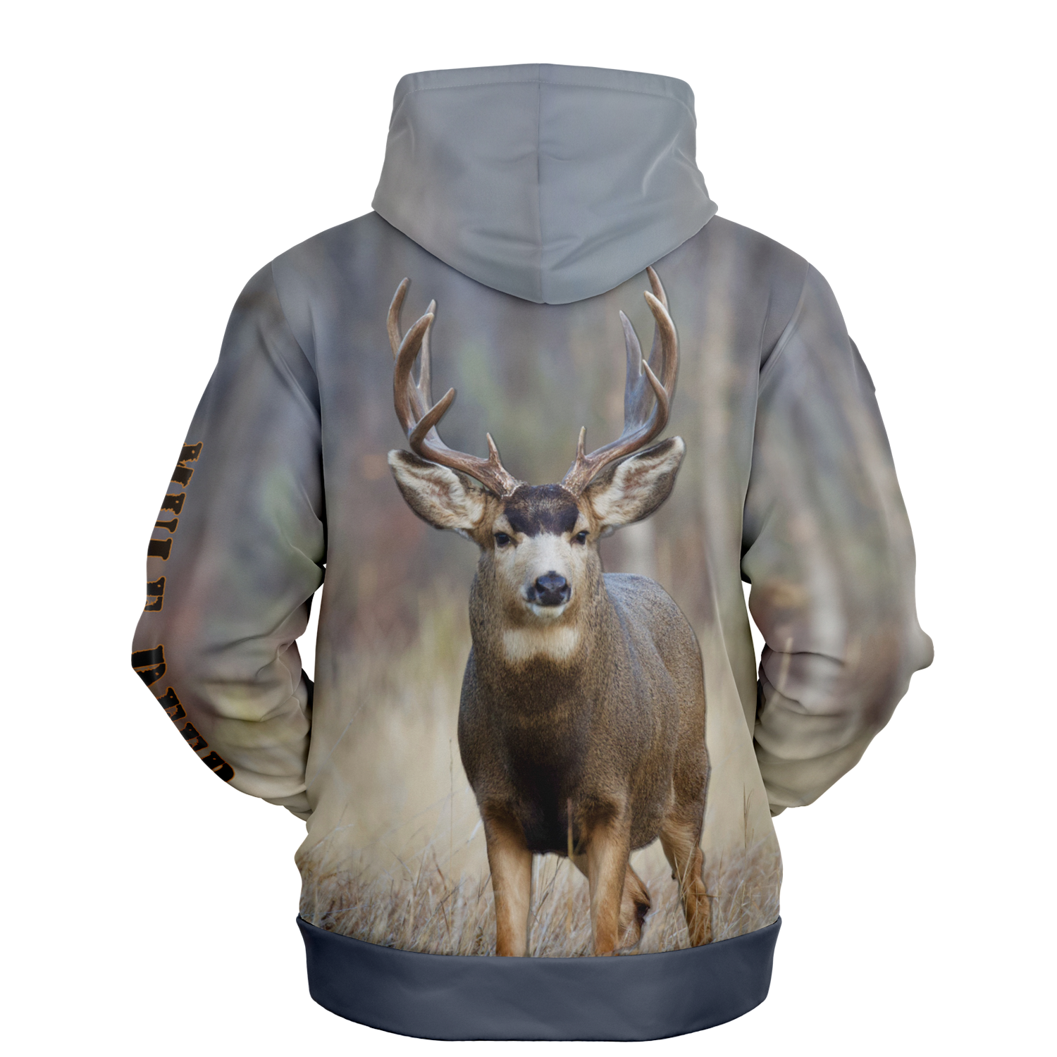 A hoodie with a nature-inspired design, featuring a gradient of earthy tones from top to bottom, transitioning from dark brown and blue to light beige and cream. The center displays an "UPB4DAWN" logo with stylized antlers. The right sleeve has "COMPANY" printed vertically, perfect for any Majestic Mule Deer - Tri-Blend Hoodie enthusiast.