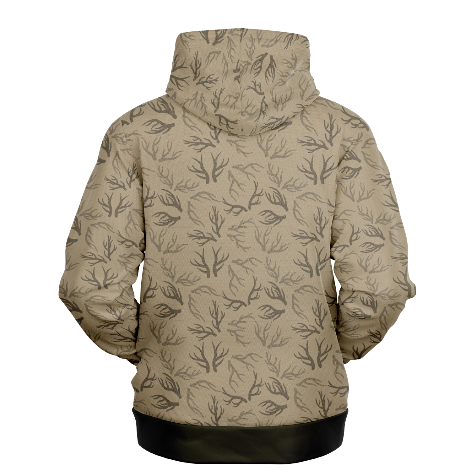 The Deer Hunter - Antler Whisper Pull Over Hoodie in Khaki is a unisex tri-blend hoodie featuring a black tree and branch pattern. The chest area showcases a striking black silhouette of a tree set against a white circle, highlighted by the "UPB4DAWN" logo in stylized white letters. This hoodie comes with convenient front pockets and is finished with black cuffs on the sleeves and waistband.