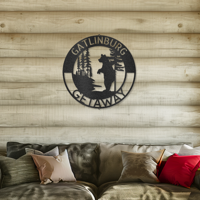 Customizable laser-cut steel sign featuring a lone bear and forest backdrop, wall-mounted.