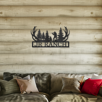 Customizable laser-cut steel sign featuring antlered hunter design, perfect for hunting enthusiasts.