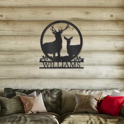 Customizable laser-cut steel sign featuring stag and doe monogram for family name personalization, ideal for nature lovers.