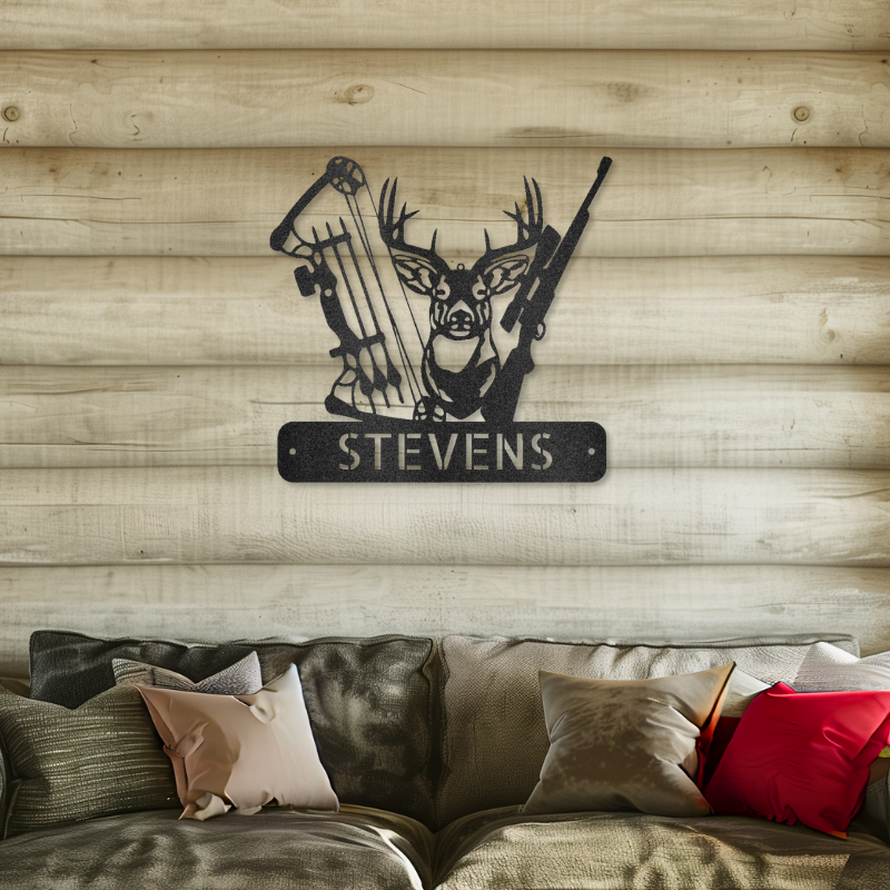 Deer Hunter Monogram Customizable Laser-Cut Steel Sign displayed on a wooden wall above a sofa.