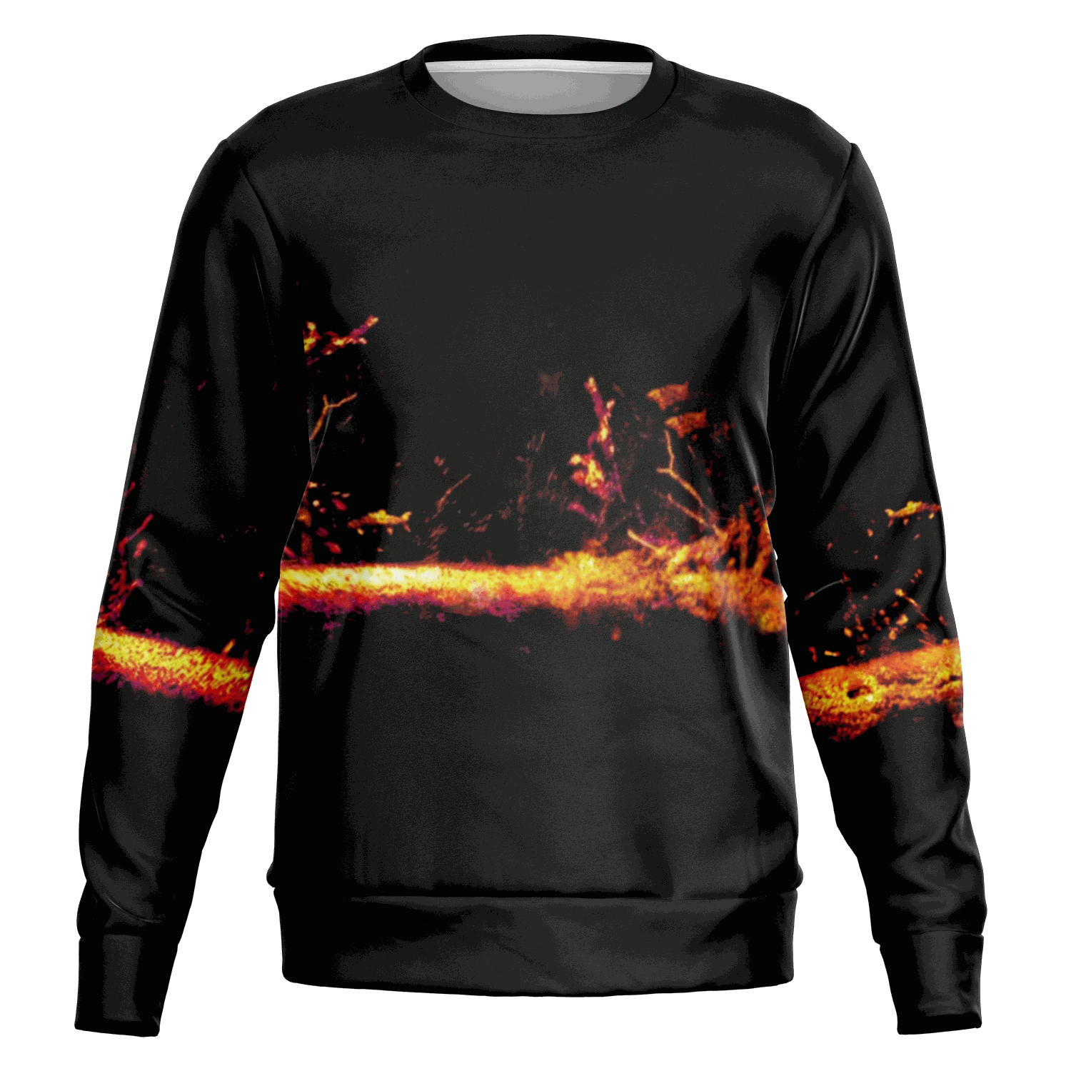 Introducing the Sonar Live Sweatshirt: a black garment featuring a vibrant, abstract design reminiscent of fiery, glowing embers across the front and sleeves. The dark background enhances the vivid orange and red details, adding a unique flair to any fishing wardrobe.