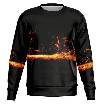 Introducing the Sonar Live Sweatshirt: a black garment featuring a vibrant, abstract design reminiscent of fiery, glowing embers across the front and sleeves. The dark background enhances the vivid orange and red details, adding a unique flair to any fishing wardrobe.