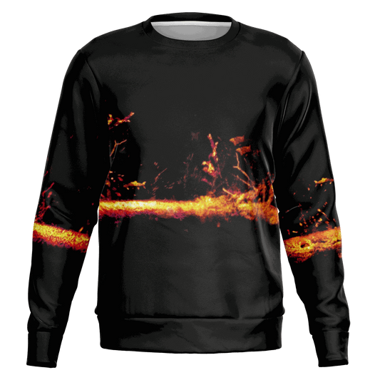 Introducing the Sonar Live Sweatshirt: a black garment featuring a vibrant, abstract design reminiscent of fiery, glowing embers across the front and sleeves. The dark background enhances the vivid orange and red details, adding a unique flair to any fishing wardrobe.