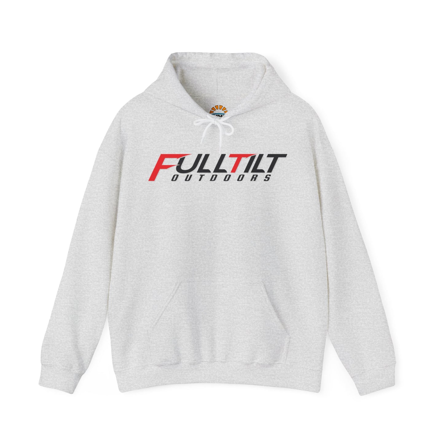 Gray Full Tilt Outdoors - Angry Eagle - Cotton/Poly Blend Hoodie with "fulltilt outdoors" printed in black and red letters on the front, featuring a drawstring hood and a plain back.