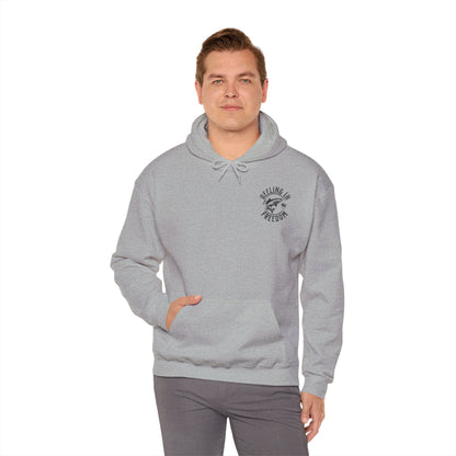 The Reeling In Freedom - Cotton/Poly Blend - Hoodie, ideal for any fishing enthusiast, is depicted from the front and back. The front showcases a small fish graphic accompanied by "Feeling of Freedom" text on the left chest, while the back prominently features a large fish graphic set against a distressed American flag design, celebrating American pride.