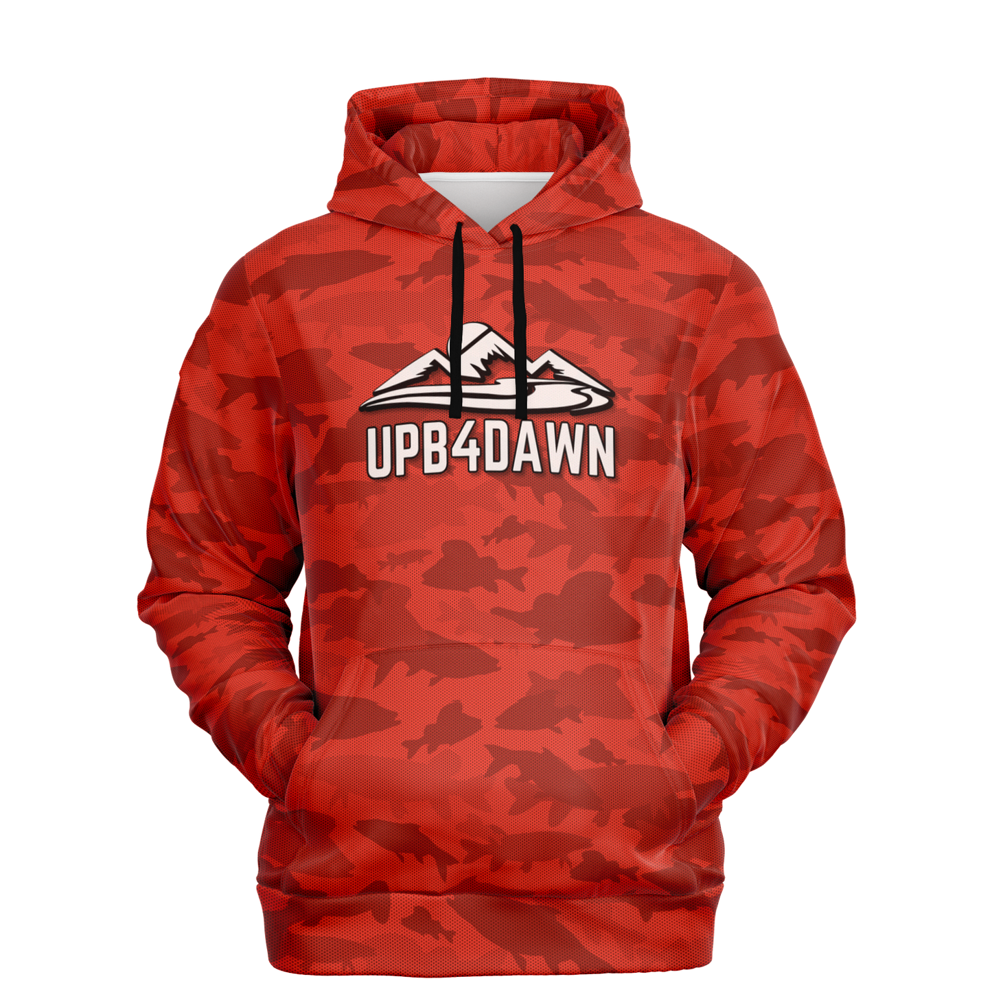 The Angler's Mirage Hoodie - Tri-Blend Hoodie - 6 Colors is a blue camouflage design featuring a graphic of a mountain with the brand name "UPB4DAWN" printed below it. This unisex fit hoodie has a drawstring hood and a front pouch pocket, with its vibrant fish camo pattern standing out against the black background.