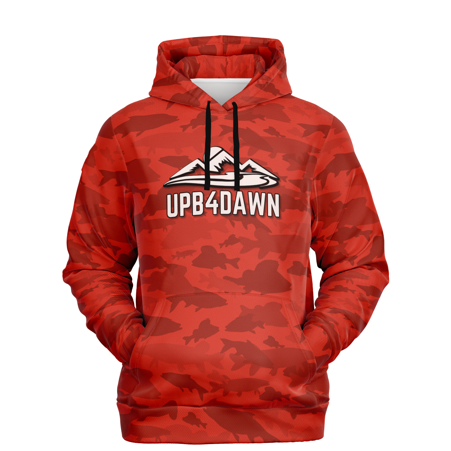 The Angler's Mirage Hoodie - Tri-Blend Hoodie - 6 Colors is a blue camouflage design featuring a graphic of a mountain with the brand name "UPB4DAWN" printed below it. This unisex fit hoodie has a drawstring hood and a front pouch pocket, with its vibrant fish camo pattern standing out against the black background.